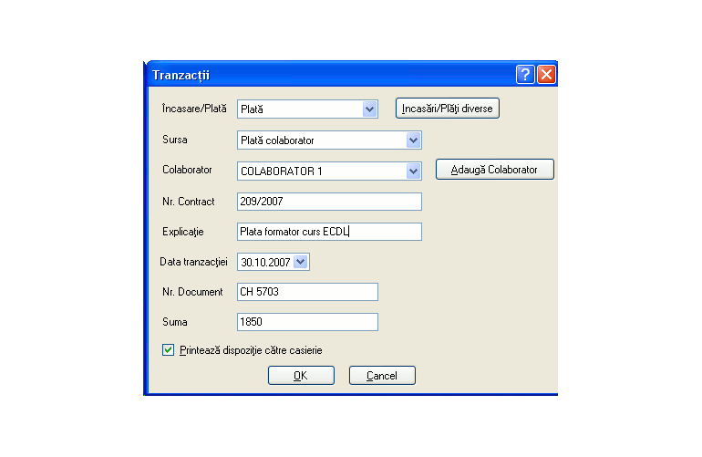 Ecran completare registru casa